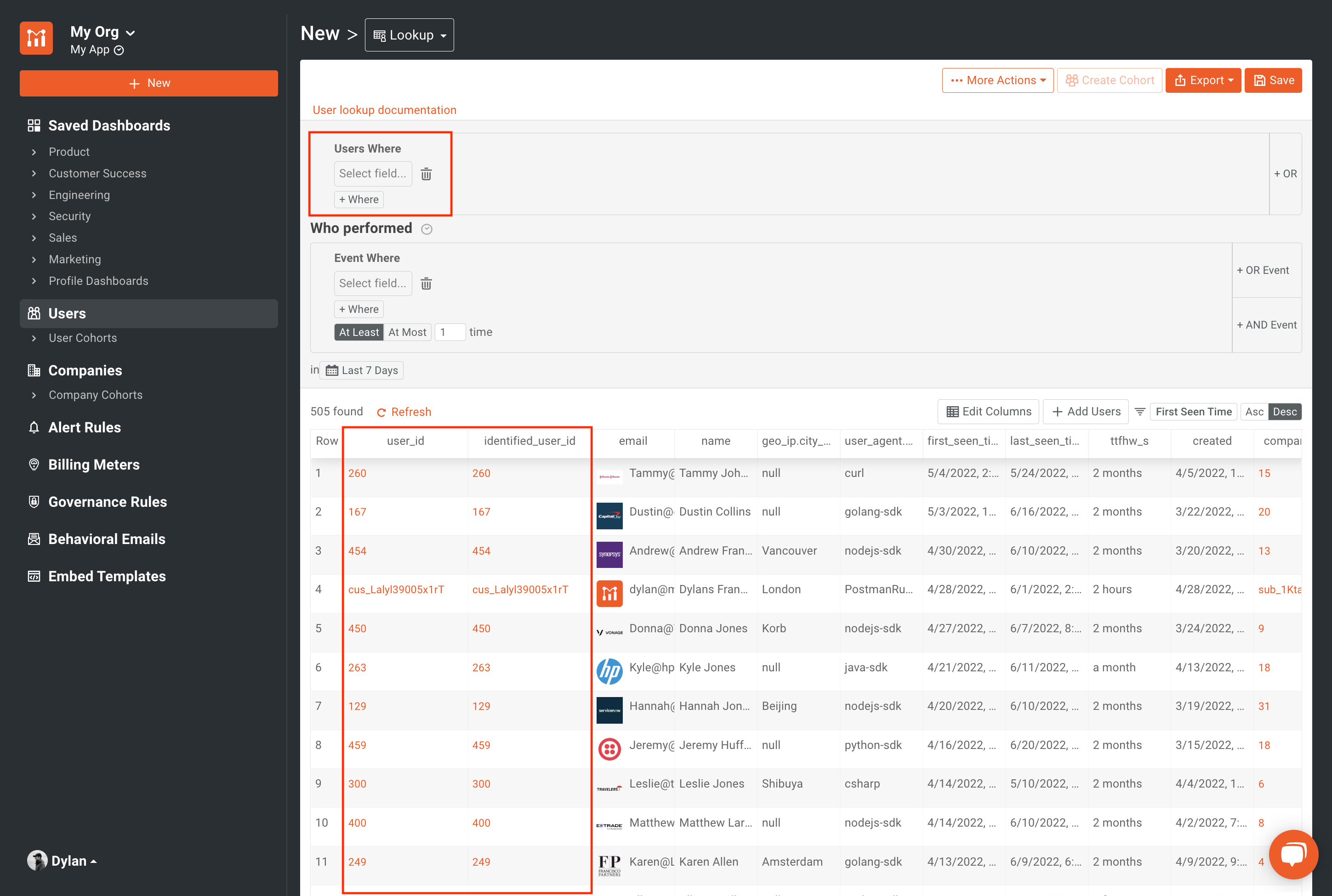 User lookup screen
