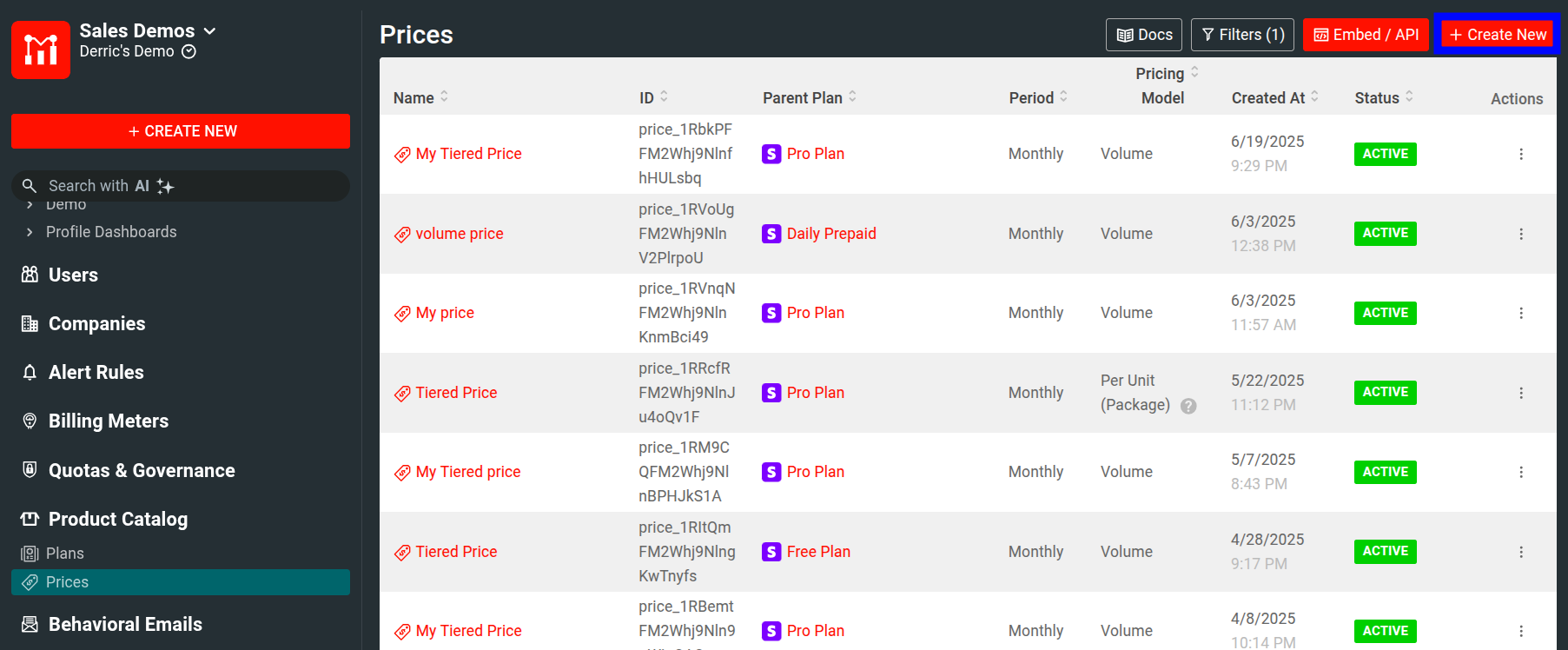 Moesif Product Catalog Create New Price button