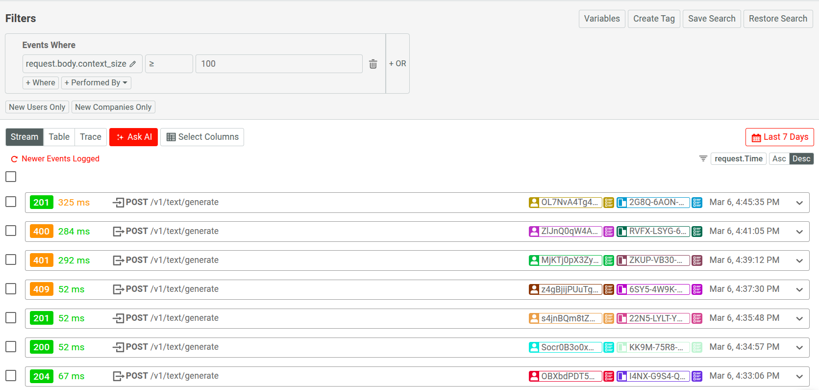 Defining a filter on request body data to see API events having larger context size in an AI API. Filtering API events by context size in an AI API.