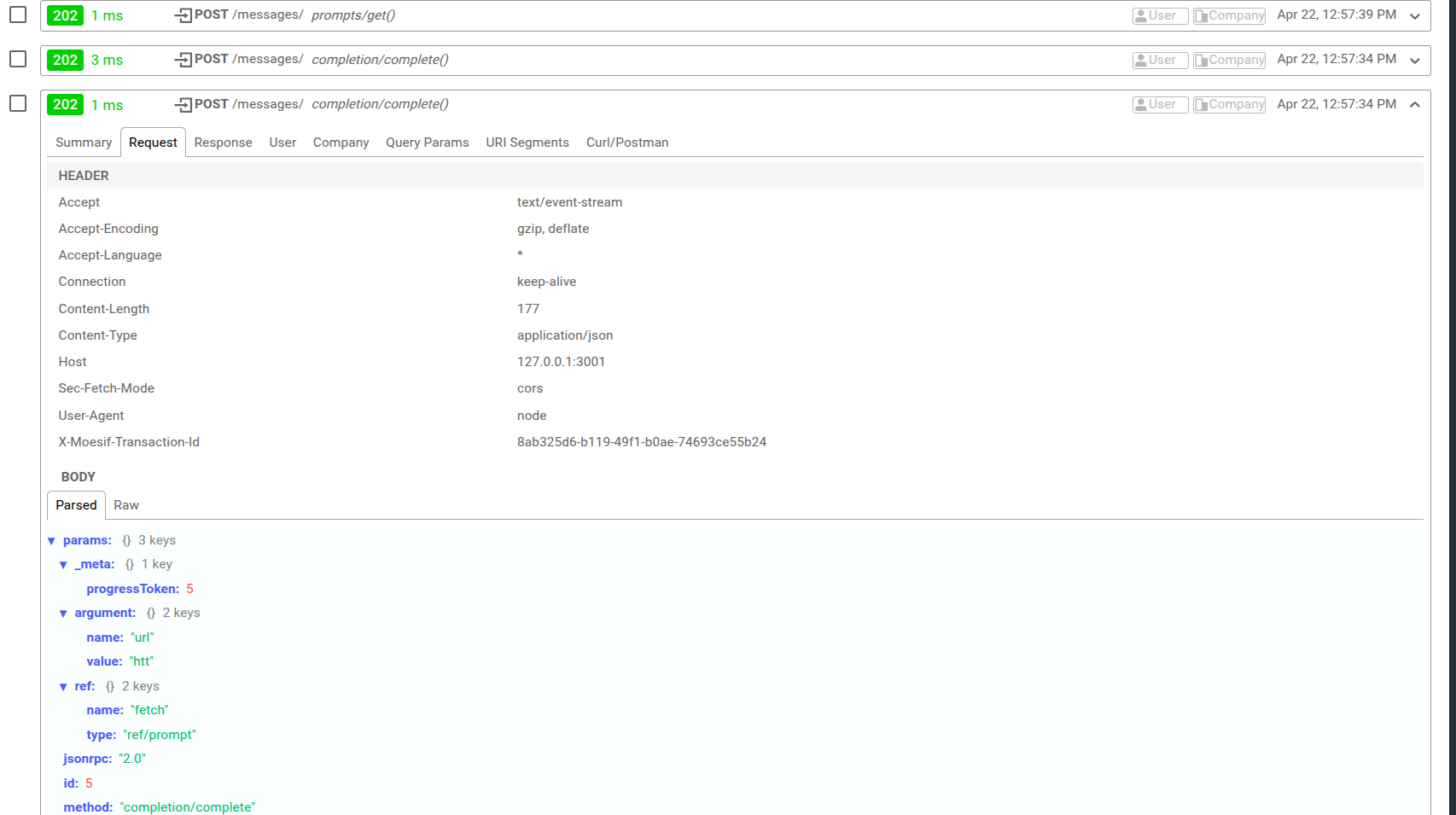 A Live Event Log workspace in Moesif showing live MCP traffic.