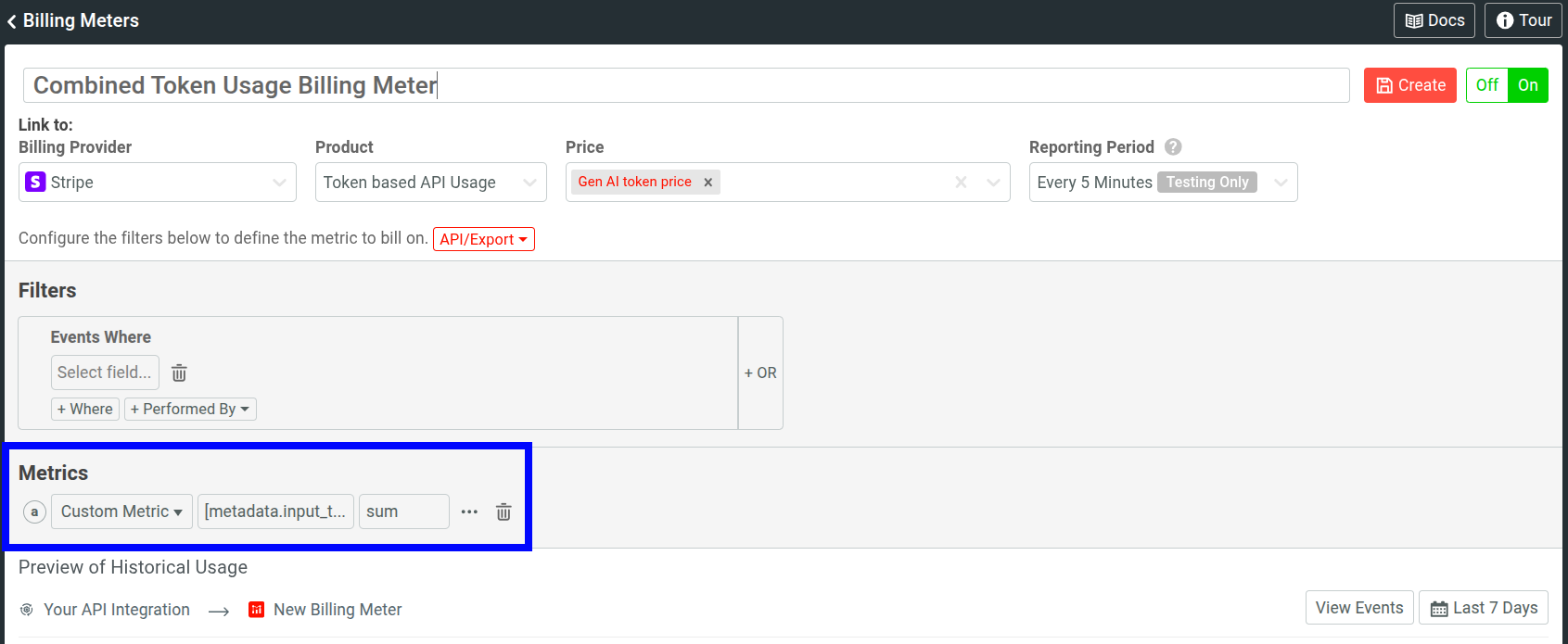 A billing meter in Moesif that charges on total token usage.