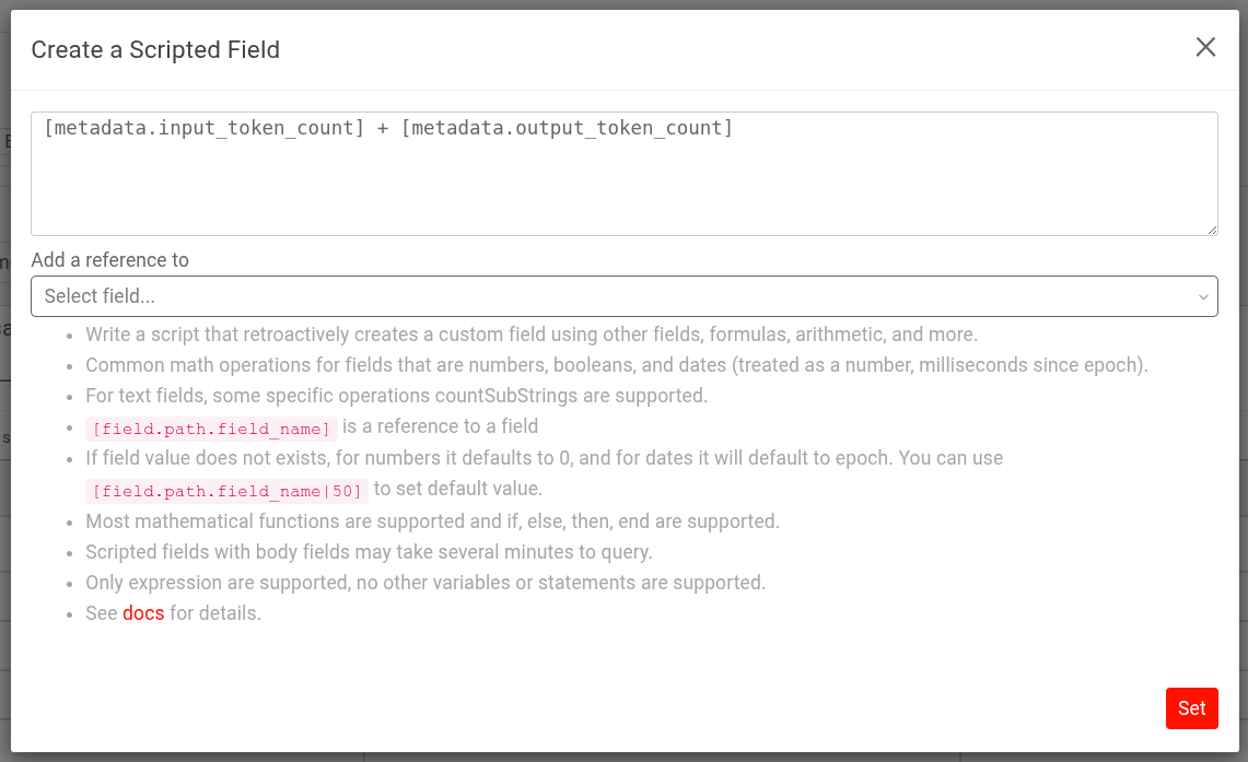 Create a Scripted Field' dialog in Moesif.
