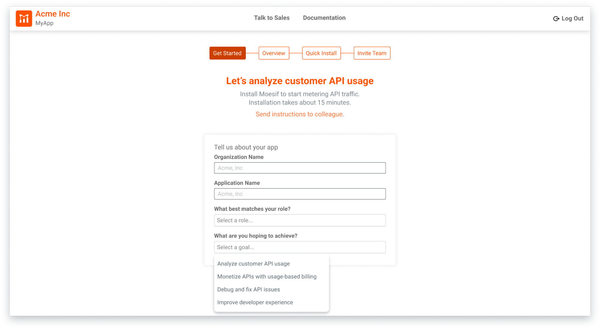Sign-up and onboarding screen in Moesif Basic Insights. Onboarding screen in Moesif Basic Insights during first-time sign-up.