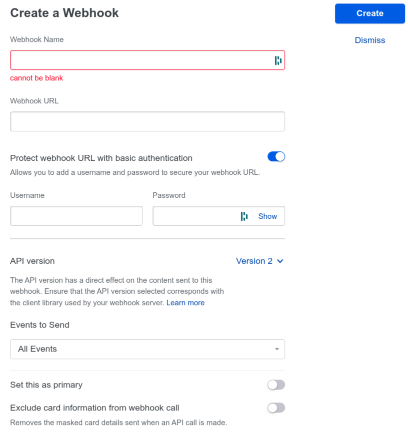 Entering webhook details in Chargebee.