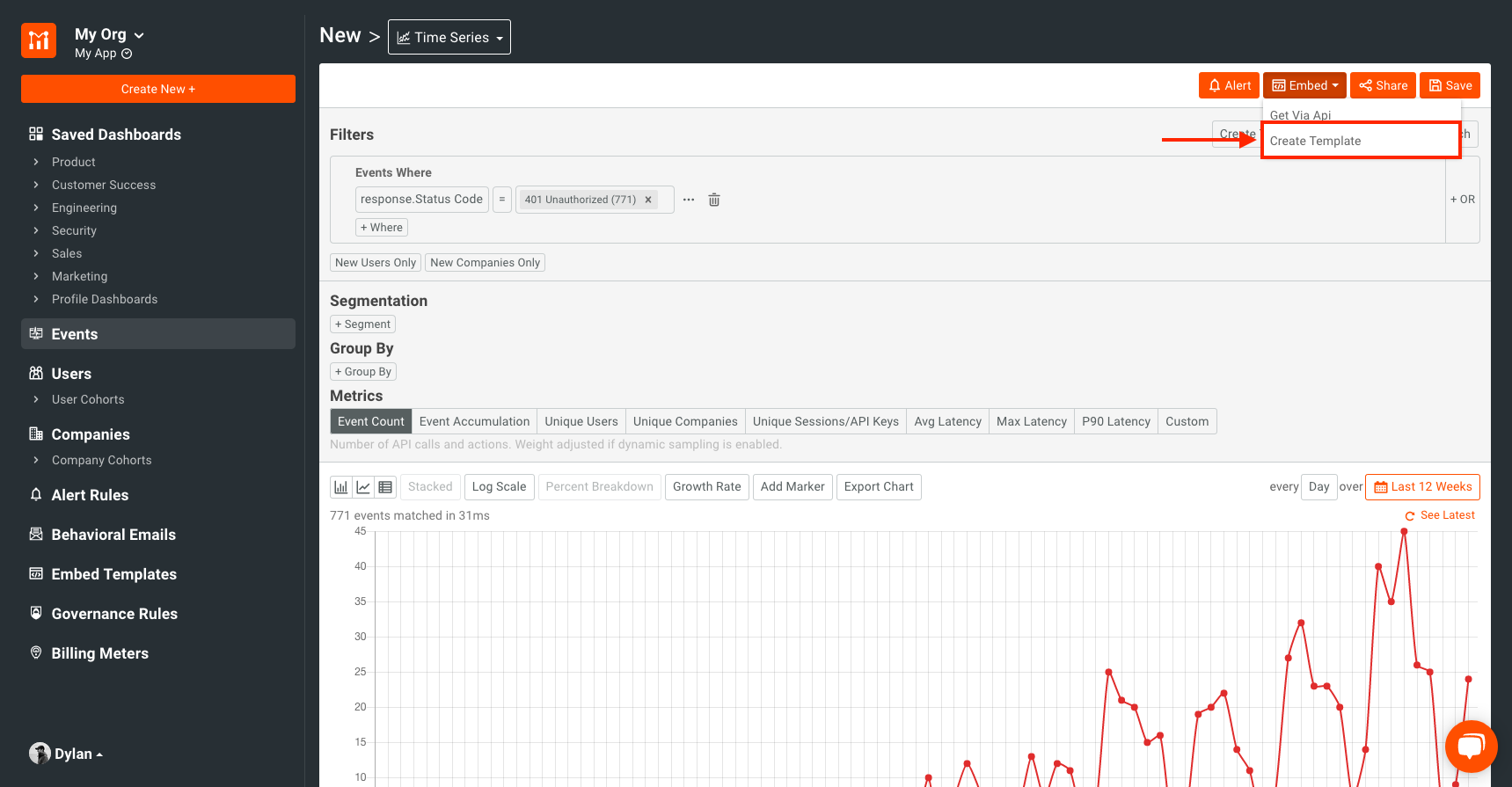 showing embedded menu options in Moesif