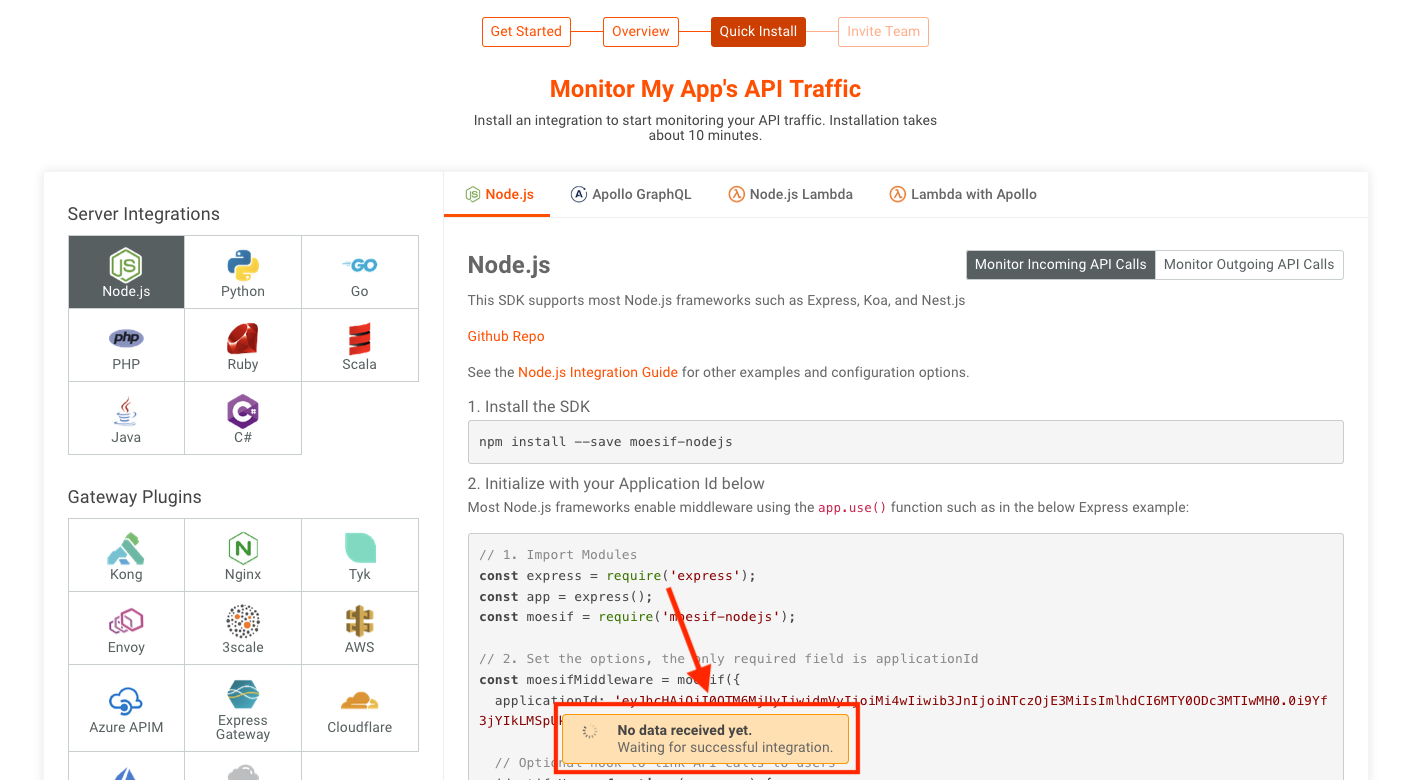 Moesif no data received onboarding screen